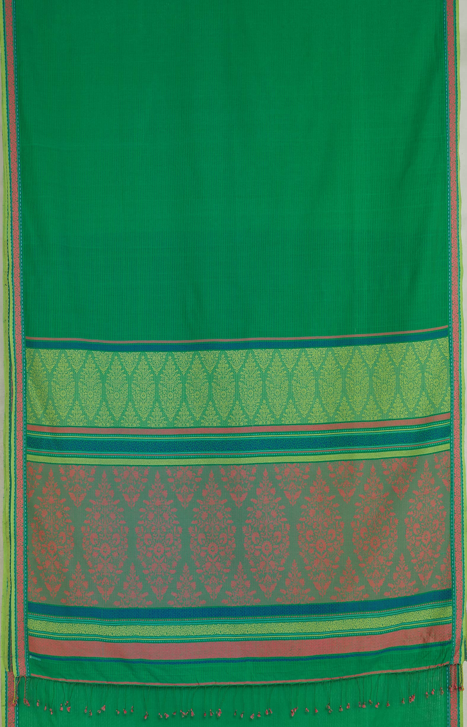 Green, Handwoven Organic Cotton, Plain Weave , Jacquard, Work Wear, Striped Saree